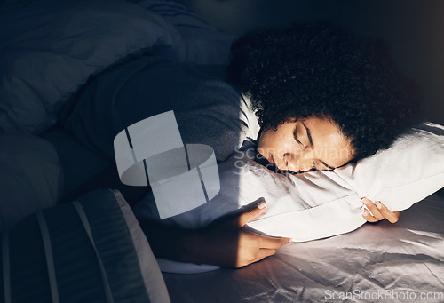 Image of Black woman, bed and sleeping at night for peace, quiet and rest or relax in home bedroom. Person with pillow to dream, security or for calm sleep with nap or comfort with duvet for wellness