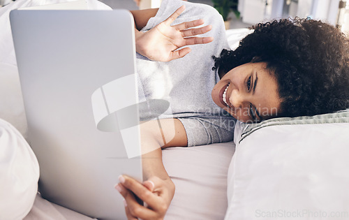 Image of Video call, laptop and woman wave in bed in bedroom for online chat in the morning. Technology, communication and black female waving on virtual conference while talking to contact with computer.