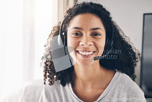 Image of Portrait, remote work or happy black woman in call center with pride helping, talking or networking online. Face, consulting or insurance agent in communication at customer services or sales at home