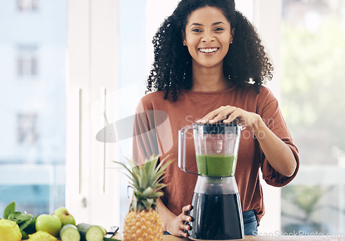 Image of Blender, smoothie and portrait of black woman for green diet, detox and healthy breakfast fruits in kitchen. Vegetables, food and person nutritionist with natural drink, protein shake or vegan juice