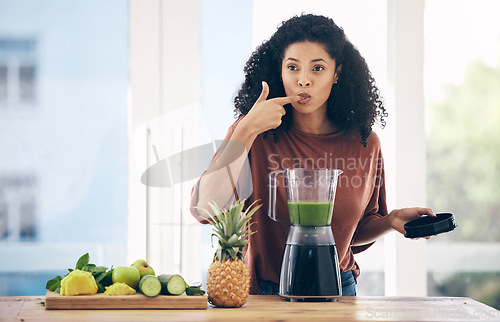 Image of Blender, smoothie and healthy black woman taste juice for green diet, detox and breakfast fruits in kitchen. Vegetables, food and person or nutritionist with natural, protein shake or vegan drink