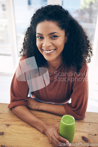 Image of Portrait, mock up and smoothie with a black woman drinking a health beverage for a weight loss from above. Wellness, mockup and drink with a healthy young female enjoying a fruit juice for a diet