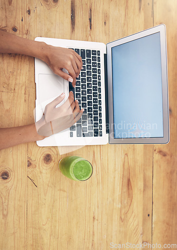 Image of Laptop, hands and nutritionist blog by woman typing, post or review on healthy mockup screen. Social media, health and influencer hand of girl writing online weight loss, wellness or smoothie recipe