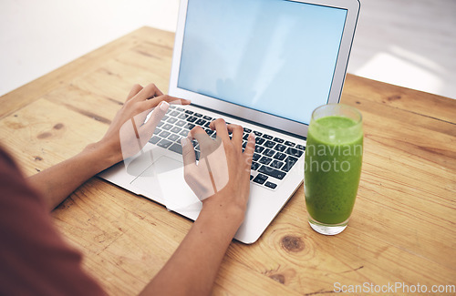 Image of Nutritionist, blog and hands of woman with mockup, post or review on healthy living at home. Social media, health and influencer hand of girl writing online weight loss, wellness or smoothie recipe