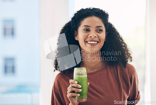 Image of Idea, mock up and smoothie with a black woman drinking a health beverage for a weight loss diet or nutrition. Thinking, mockup and drink with a healthy young female enjoying a fresh fruit juice