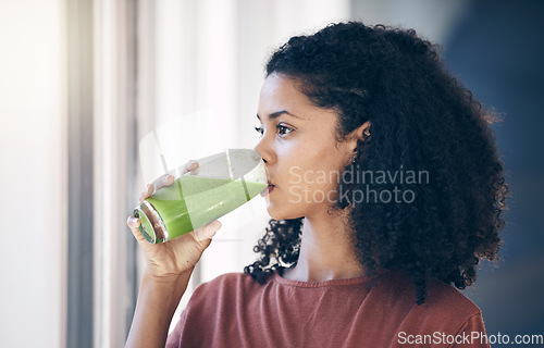 Image of Healthy, protein and woman drinking a smoothie for weight loss, energy and breakfast while thinking. Food, health and girl with a juice cocktail for nutrition idea, green detox and vegan lifestyle