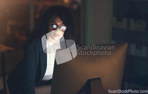 Image of Business, office and black woman on computer at desk for project, strategy report and reading email. Corporate manager, overtime and female standing done working on schedule, planning and research