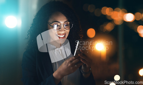Image of Business, black woman and phone with night bokeh lights for communication and network connection. Entrepreneur person in dark office for social media, networking or mobile app for online review chat