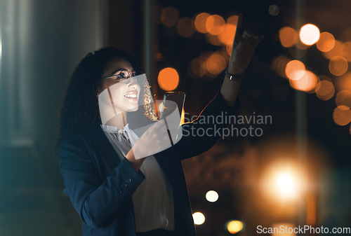 Image of Phone, night and business woman in the office with bokeh lights to work late on a project with a deadline. Technology, dark and professional African female employee working overtime in the workplace.