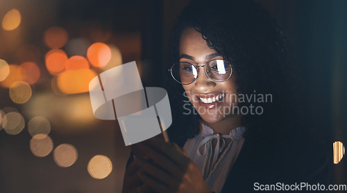 Image of Night, black woman and business phone with bokeh lights for communication network connection. Happy entrepreneur person in dark for social media, networking or mobile app ux for investment mockup
