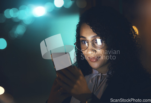 Image of Phone, black woman and night business with mockup for communication network connection. Entrepreneur person dark office for social media, networking or mobile app reading email, chat or info search