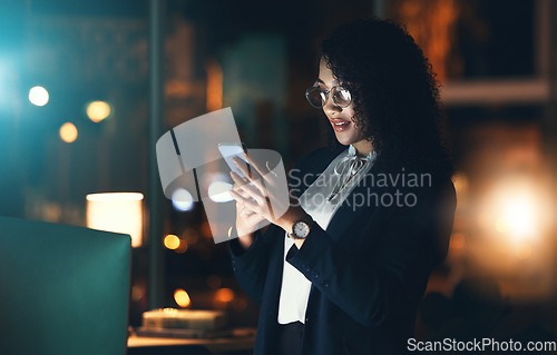 Image of Black woman, business phone and night bokeh lights for communication, network connection and chat. Entrepreneur person in dark office for social media, networking or mobile app