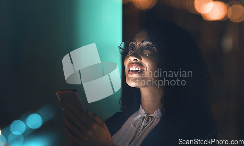 Image of Business, black woman and phone at night thinking idea for communication network connection. Entrepreneur person in dark office for social media ux, networking or ai mobile app marketing mockup