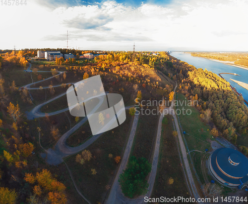 Image of Aerial top vew of winding road in the city