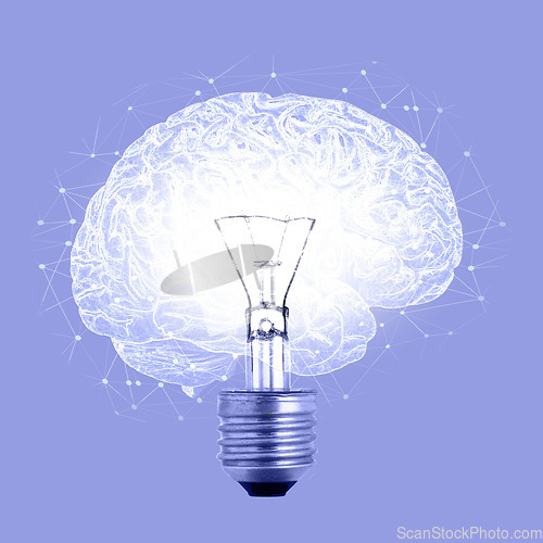 Image of Lightbulb brain abstract, idea and thinking for creative innovation, strategy and solution with vision. Mindset, mind power and neurological science for natural energy network, brainstorming or ideas