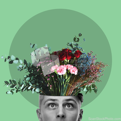 Image of Mental health, flowers and head with a man in studio on a green background for freedom of expression. Abstract, nature and brain growth with a male posing for art, idea or creative thinking