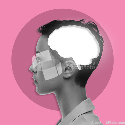 Image of Woman, brain abstract animation and thinking for creative innovation, strategy and solution with vision. Mindset, mind power and mental health for anxiety, depression or problem by pink background