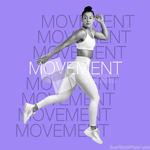 Image of Woman, dance and freedom, words and motivation overlay, fitness and dancer jump on inspirational poster on purple background. Energy, free and dancing, sports and action with workout and text