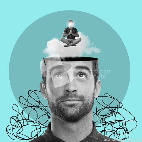 Image of Thinking graphic, mind and man with psychology, mental health and balance of ideas, healing and meditation. Insight, art collage and creative person isolated on studio background of ideas or meditate