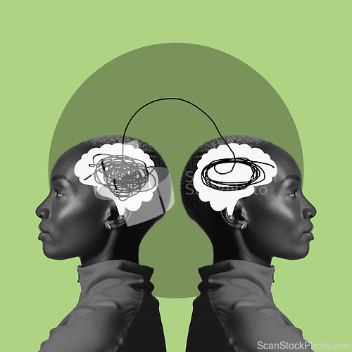 Image of Digital art, thinking brain and face of black woman on green background for ideas, strategy and connection. Creative mind, psychology and girl reflection for intelligence, brainstorming and knowledge