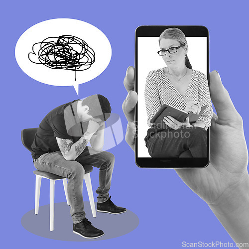 Image of Phone, psychologist and man crying at an online therapy session with a mobile device in studio. Mental health, support and therapist on cellphone looking at male with depression by purple background.