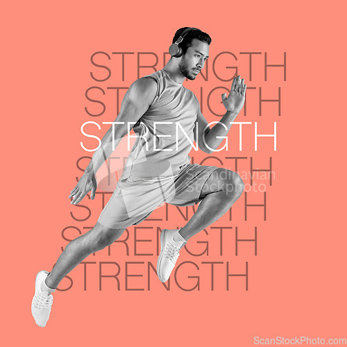 Image of Fitness graphic, running and man isolated on studio background in headphones music for cardio training. Jump, speed and body of sports person, asian athlete and creative collage, power and strength