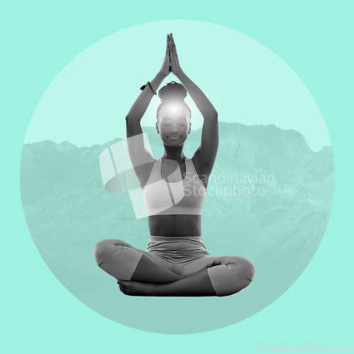 Image of Zen, meditation and black woman on poster, mountain on turquoise background in yoga balance pose. Art, advertising and creative collage design for health, wellness and calm spiritual lifestyle studio