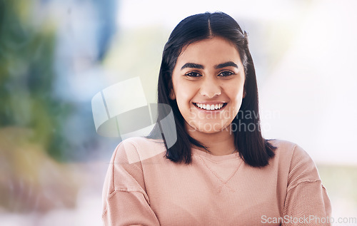 Image of Portrait of young Indian woman happy with internship in Human Resources, opportunity and mission. Vision for company values, goals and face or headshot of gen z person with hr job for about us or faq