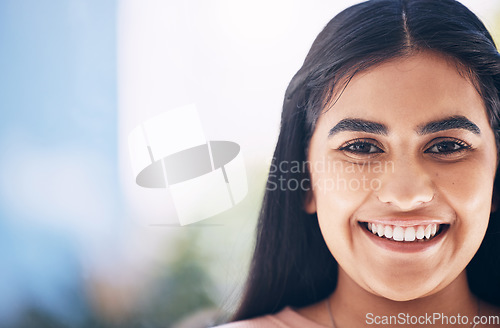Image of Smile, mockup and portrait of a confident woman with space, success and vision at a company. Business, work and face of an Indian employee at a corporate agency with happiness, excited and pride
