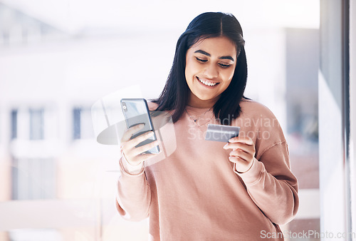 Image of Woman, phone or credit card for online shopping, e commerce or home internet banking on fintech app. Smile, happy or ecommerce customer on mobile technology for website or store payment with mockup