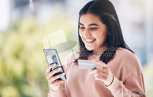 Image of Happy woman, phone or credit card for online shopping, e commerce or home internet banking on fintech app. Smile, customer or ecommerce on mobile technology for house retail or website store payment