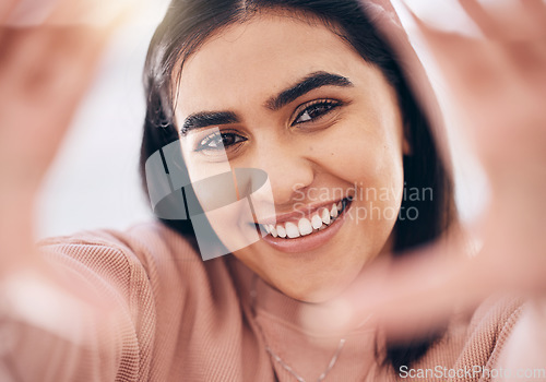 Image of Selfie, hands and portrait of female with smile for positive, optimistic and good confident mindset. Happy, beauty and excited face of young woman from Puerto Rico taking picture for social media.