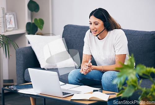 Image of Remote work, laptop and woman in a telemarketing call center, customer services or online technical support. Communication, crm or sales agent talking, consulting or helping with loan advice at home