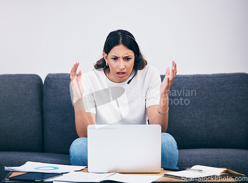 Image of Remote work, call center or confused woman with stress or anxiety frustrated with 404 error or glitch. Fail, crm or worried telemarketing sales agent with confusion after a mistake or laptop problems