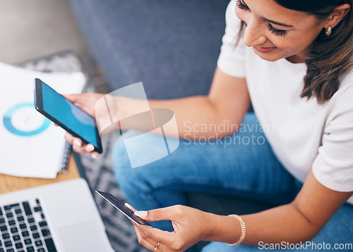 Image of Ecommerce, phone or woman with credit card happy with digital payment while relaxing on sofa at home. Smile, finance or girl excited with online shopping subscription discount, sales offer or deal