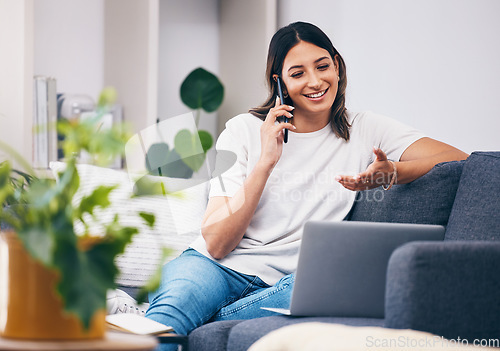 Image of Woman, phone call and laptop on sofa for idea with smile in conversation or discussion at home. Happy female freelancer in communication on smartphone with computer relaxing on living room couch