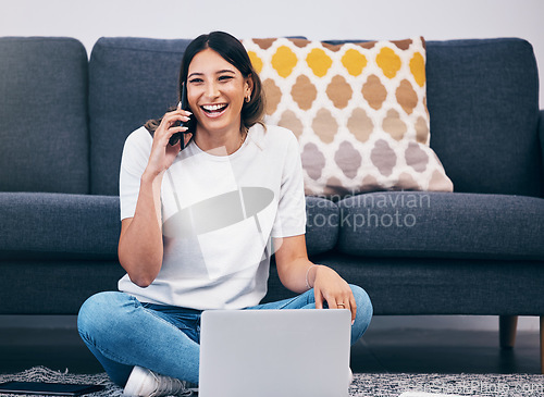 Image of Woman, phone call and laptop laughing in communication for funny joke, meme or conversation at home. Happy female freelancer laugh for fun discussion on smartphone with computer by living room sofa