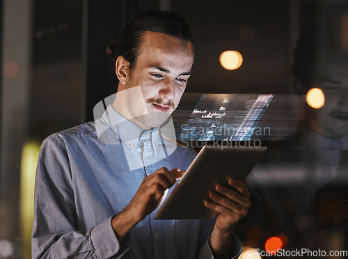 Image of Digital tablet, night and businessman working with 3d overlay for trading, crypto or market research. Technology, innovation and professional male employee analyzing charts on mobile device in office