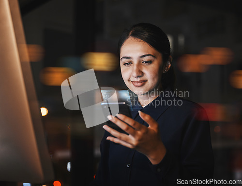 Image of Office, hologram and business woman with phone for online website, email and social media at night. Communication, network overlay and girl with smartphone for futuristic app, connection and research