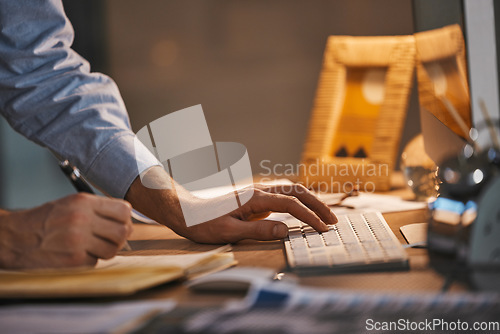 Image of Business man, hands and writing, keyboard zoom and data with analytics and IT code, work overtime with deadline. Working night, email and programming, checklist with digital notes and software update