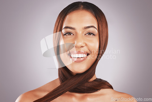 Image of Hair care, smile and portrait of a model with healthy hairstyle from hairdresser or salon. Beauty cosmetics, brazilian treatment and wellness of a young woman from Brazil with happiness and a smile