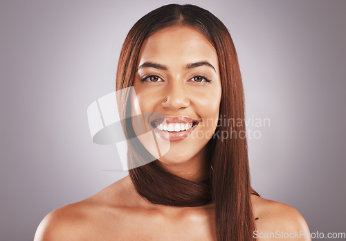 Image of Hair care shine, beauty and portrait of a woman with healthy hairstyle from hairdresser or salon. Cosmetics, brazilian treatment and wellness of a young model from Brazil with happiness and a smile