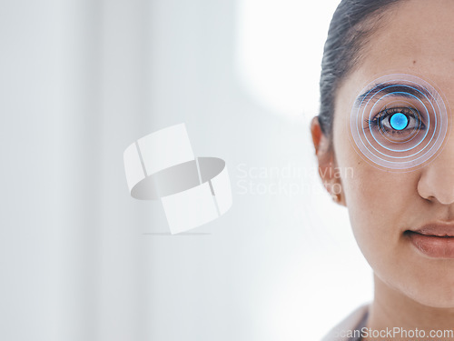 Image of Digital, eye scan and portrait of a woman at work for facial recognition, identity and detection. Digital, mockup and face of an employee with a retina check for corporate protection and verification
