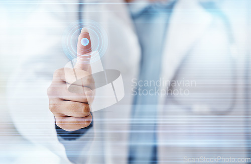 Image of Doctor, thumb or fingerprint futuristic scan, ai healthcare data or medical profile on fintech, password or hospital hologram. Hand, nurse or woman for abstract future cybersecurity UX software touch