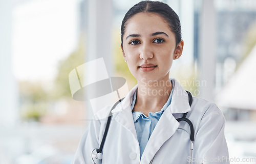 Image of Leadership, woman and portrait of a doctor in the hospital for a healthcare internship. Confident, young and face of a professional female medical student from Canada standing in a medicare clinic.