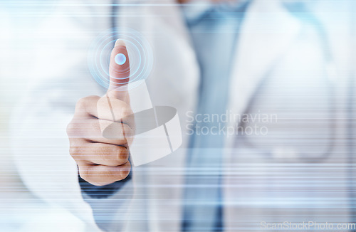 Image of Doctor, thumbs up or fingerprint scan of dna, healthcare data or medical profile on fintech, futuristic or hospital hologram. Hand, nurse or woman for abstract future cybersecurity UX software touch