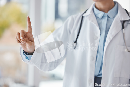 Image of Doctor, hand and mockup space for healthcare, life insurance and medical innovation or development. Woman hospital worker with future ai, advice and advertising cardiology health and wellness vision