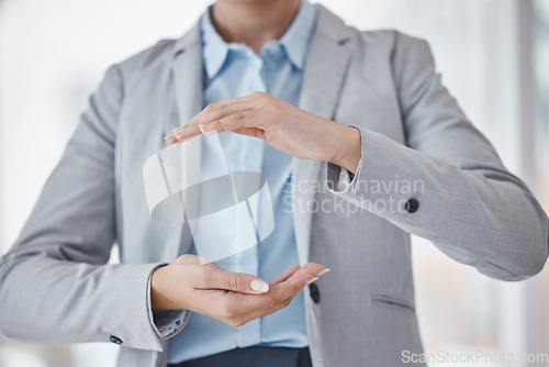 Image of Product, globe and mockup with hands of woman for advertising, marketing and offer. Zoom, idea and deal with employee holding space in corporate office for presentation, hologram or communication