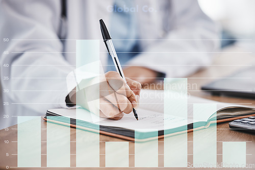 Image of Doctor writing, chart overlay or hands for prescription, medical result, report or insurance in hospital office. Medicine, notebook or healthcare worker for planning, research or survey data analysis