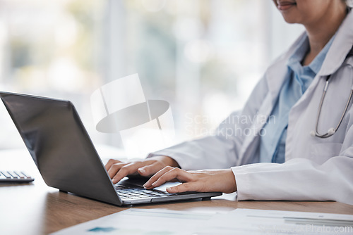 Image of Doctor hands, search or woman on laptop for medical research, medicine or healthcare data analysis review in hospital. Nurse, wellness or worker on tech for insurance news, science or pills study